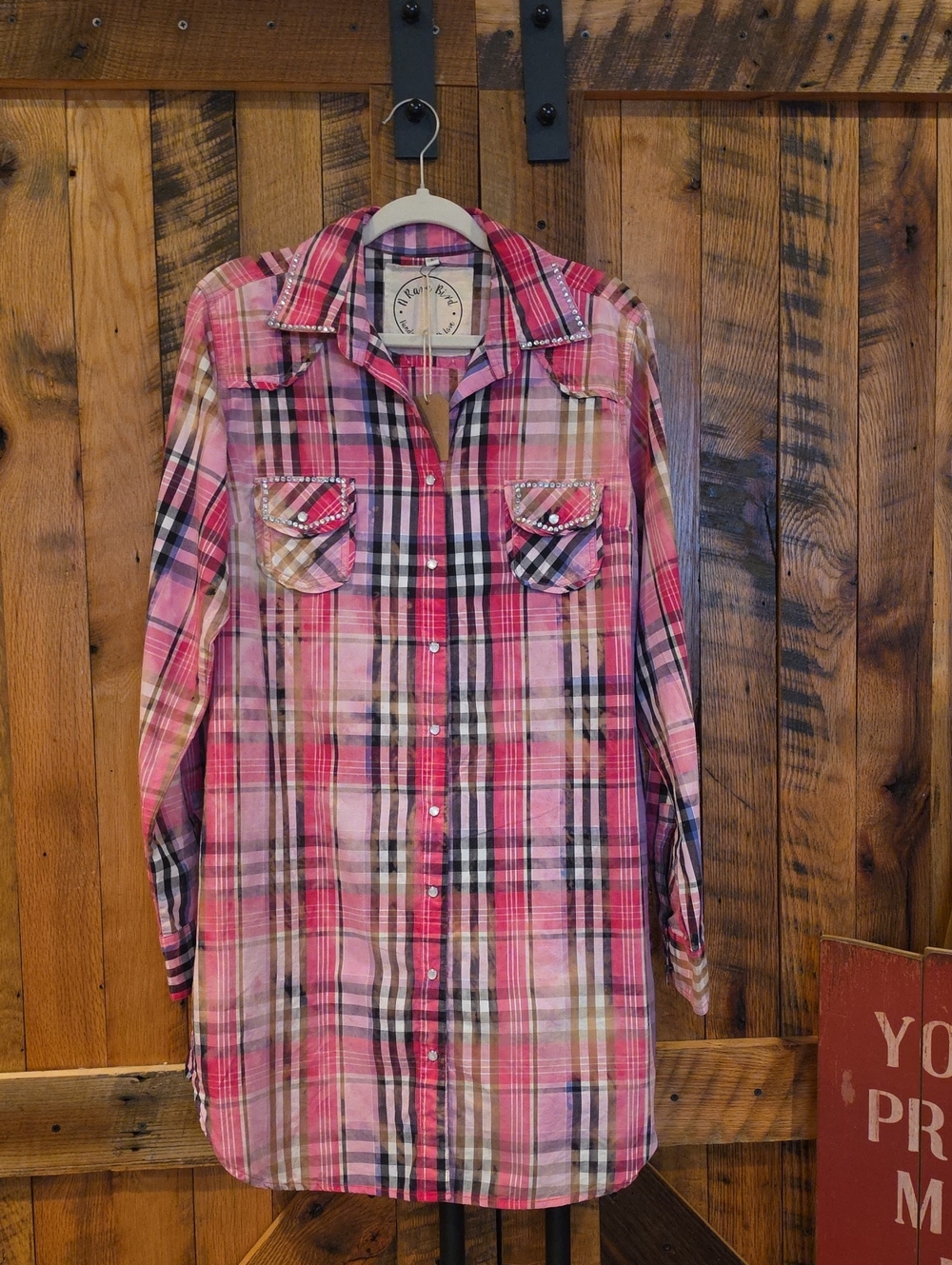137p Women's Pink Plaid Button-Front Tunic Shirt with Embellished Pockets